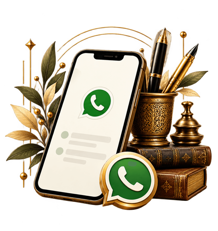 A phone showing the WhatsApp logo beside a brass pen pot and old books