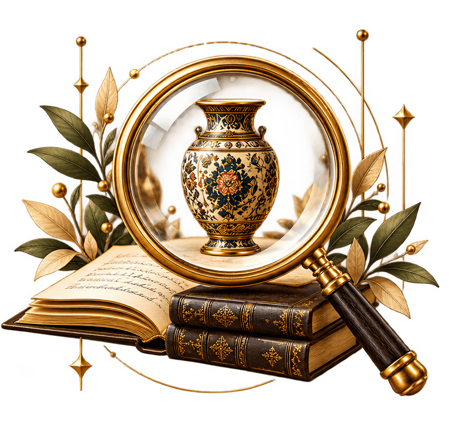 A gold magnifying glass held over an ornate antique vase, with old leather-bound books and gold leaves